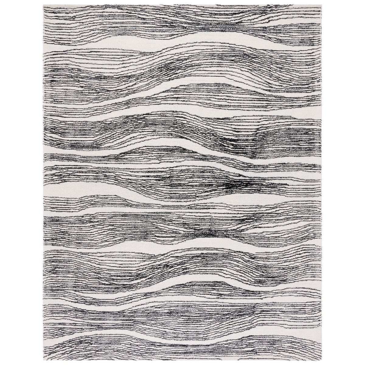 Area Rug, 6 ft x 9 ft in Black and Ivory Wool and Cotton