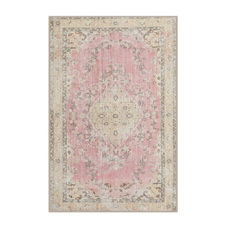 Area Rug, 6 ft x 9 ft in Pink, Beige and Brown