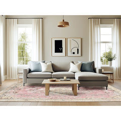 Area Rug, 6 ft x 9 ft in Pink, Beige and Brown
