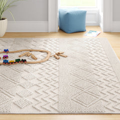 Area Rug, 6 ft x 9 ft, Ivory Hand-Tufted Wool and Cotton with Geometric Pattern