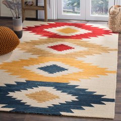 Area Rug, 6 ft x 9 ft, Multi-Colored Wool with Geometric Pattern