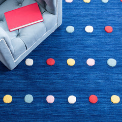 Area Rug, 6 ft x 9 ft, Navy Cotton and Wool with Polka Dots