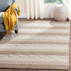 Area Rug, 6 ft x 9 ft Rectangle with Beige Striped Wool and Viscose