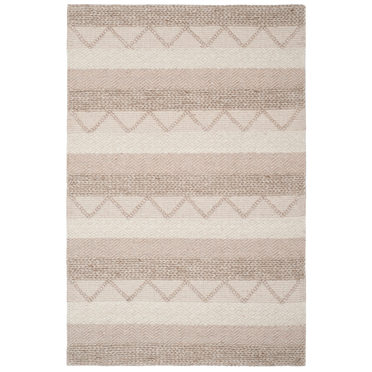 Area Rug, 6 ft x 9 ft Rectangle with Beige Striped Wool and Viscose