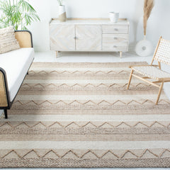 Area Rug, 6 ft x 9 ft Rectangle with Beige Striped Wool and Viscose