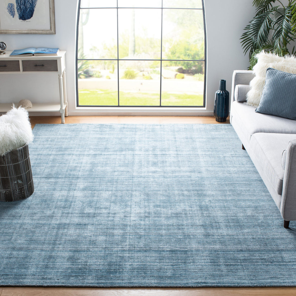 Area Rug, 6 ft x 9 ft with Teal and Blue Hand-Woven Viscose, Cotton and Wool