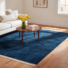 Area Rug, 6' x 9', Blue Wool with Fringe