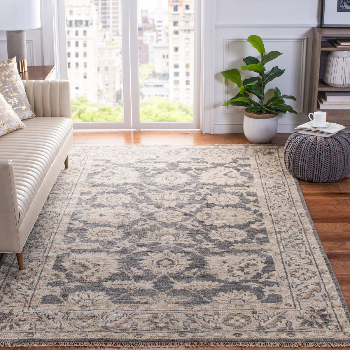 Area Rug, 6 x 9 ft, Beige and Light Gray Wool with Fringe