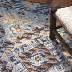 Area Rug, 6 x 9 Ft, Blue and Beige Hand Woven Wool
