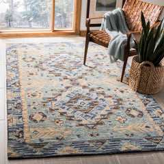 Area Rug, 6 x 9 Ft, Blue and Beige Hand Woven Wool