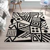 Area Rug, 6 x 9 ft, Ivory/Black Wool with Scalloped Edges