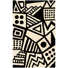 Area Rug, 6 x 9 ft, Ivory/Black Wool with Scalloped Edges