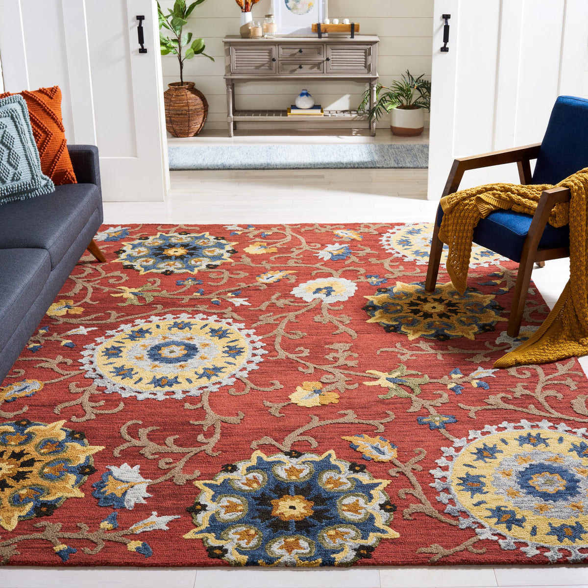 Area Rug, 6 x 9 ft, Multi-Colored Wool with Floral Pattern