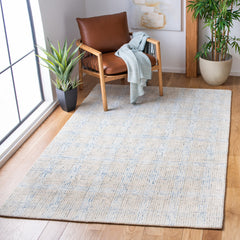 Area Rug, 6 x 9 ft, Wool and Cotton in Blue, Ivory and Brown