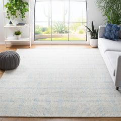 Area Rug, 6 x 9 ft, Wool and Cotton in Blue, Ivory and Brown