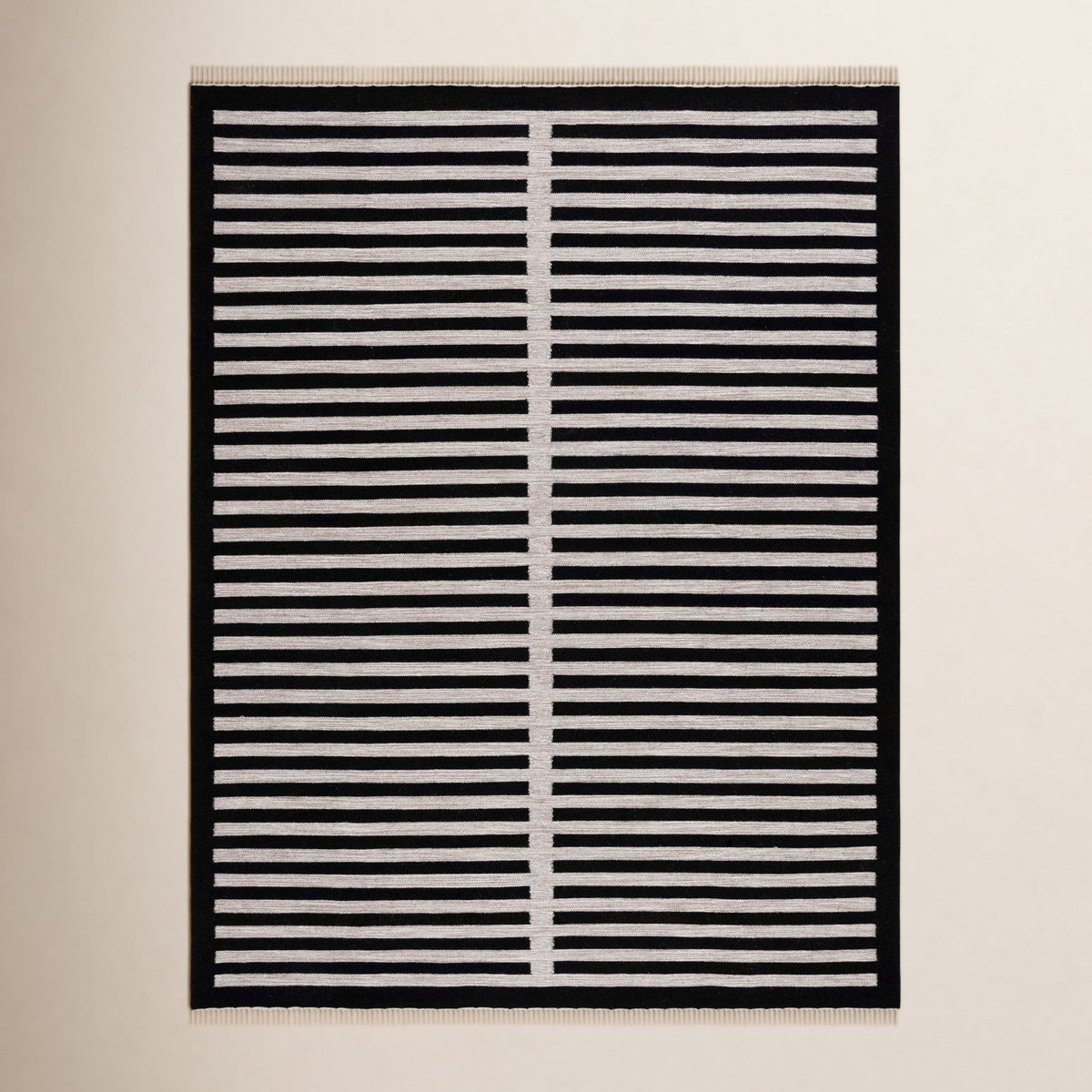 Area Rug, 6' x 9' in Beige and Black Wool and Cotton Blend