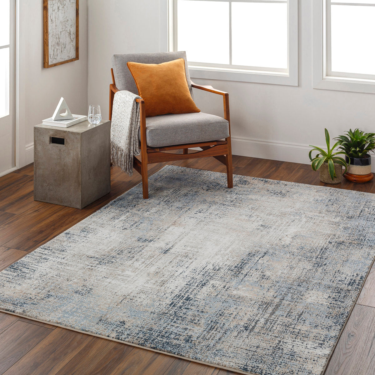 Area Rug, 7'10" x 10'3", Abstract Pattern in Blue, Gray and Ivory