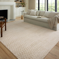 Area Rug, 7'10" x 10', Beige and Ivory Checkered Polyester