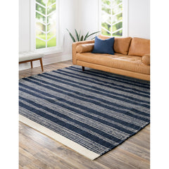 Area Rug, 7'10" x 10', Navy Striped Wool and Jute