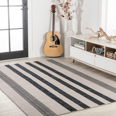 Area Rug, 7'10" x 10', Striped in Ivory and Dark Gray