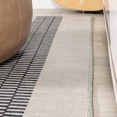 Area Rug, 7'10" x 10', Striped in Ivory and Dark Gray
