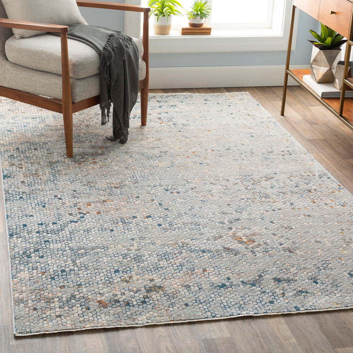 Area Rug 7'10" x 10' with Polyester in Green, Yellow, Orange and Ivory