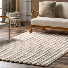 Area Rug, 7'6" x 9'6", Beige Polyester with Non-Slip Backing