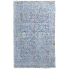 Area Rug, 7'6" x 9'6", Blue Hand-Woven Wool with Fringed Ends