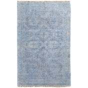Area Rug, 7'6" x 9'6", Blue Hand-Woven Wool with Fringed Ends