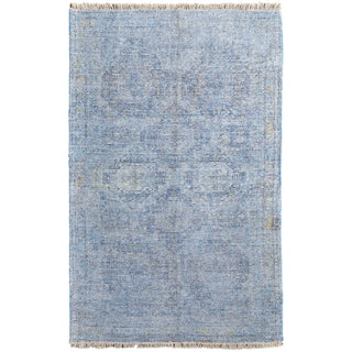 Area Rug, 7'6" x 9'6", Blue Hand-Woven Wool with Fringed Ends