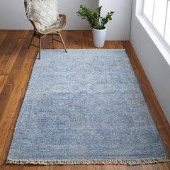 Area Rug, 7'6" x 9'6", Blue Hand-Woven Wool with Fringed Ends