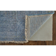Area Rug, 7'6" x 9'6", Blue Hand-Woven Wool with Fringed Ends