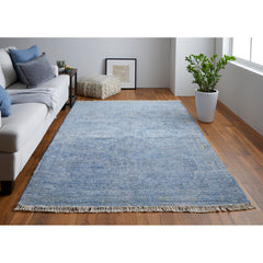 Area Rug, 7'6" x 9'6", Blue Hand-Woven Wool with Fringed Ends
