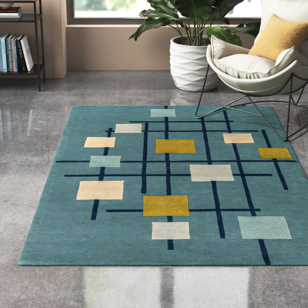 Area Rug, 7'6" x 9'6" Hand-Tufted Wool in Teal, Yellow and Beige
