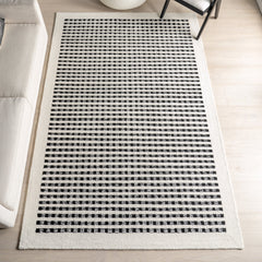 Area Rug, 7'6" x 9'6" Hand Woven Striped Wool in White and Blue