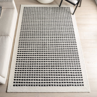 Area Rug, 7'6" x 9'6" Hand Woven Striped Wool in White and Blue
