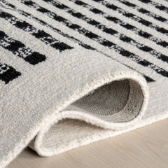 Area Rug, 7'6" x 9'6" Hand Woven Striped Wool in White and Blue
