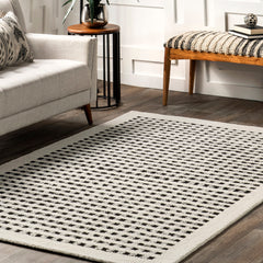 Area Rug, 7'6" x 9'6" Hand Woven Striped Wool in White and Blue