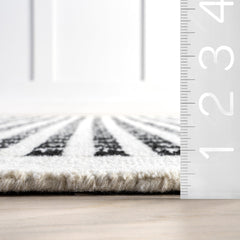 Area Rug, 7'6" x 9'6" Hand Woven Striped Wool in White and Blue