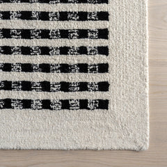 Area Rug, 7'6" x 9'6" Hand Woven Striped Wool in White and Blue