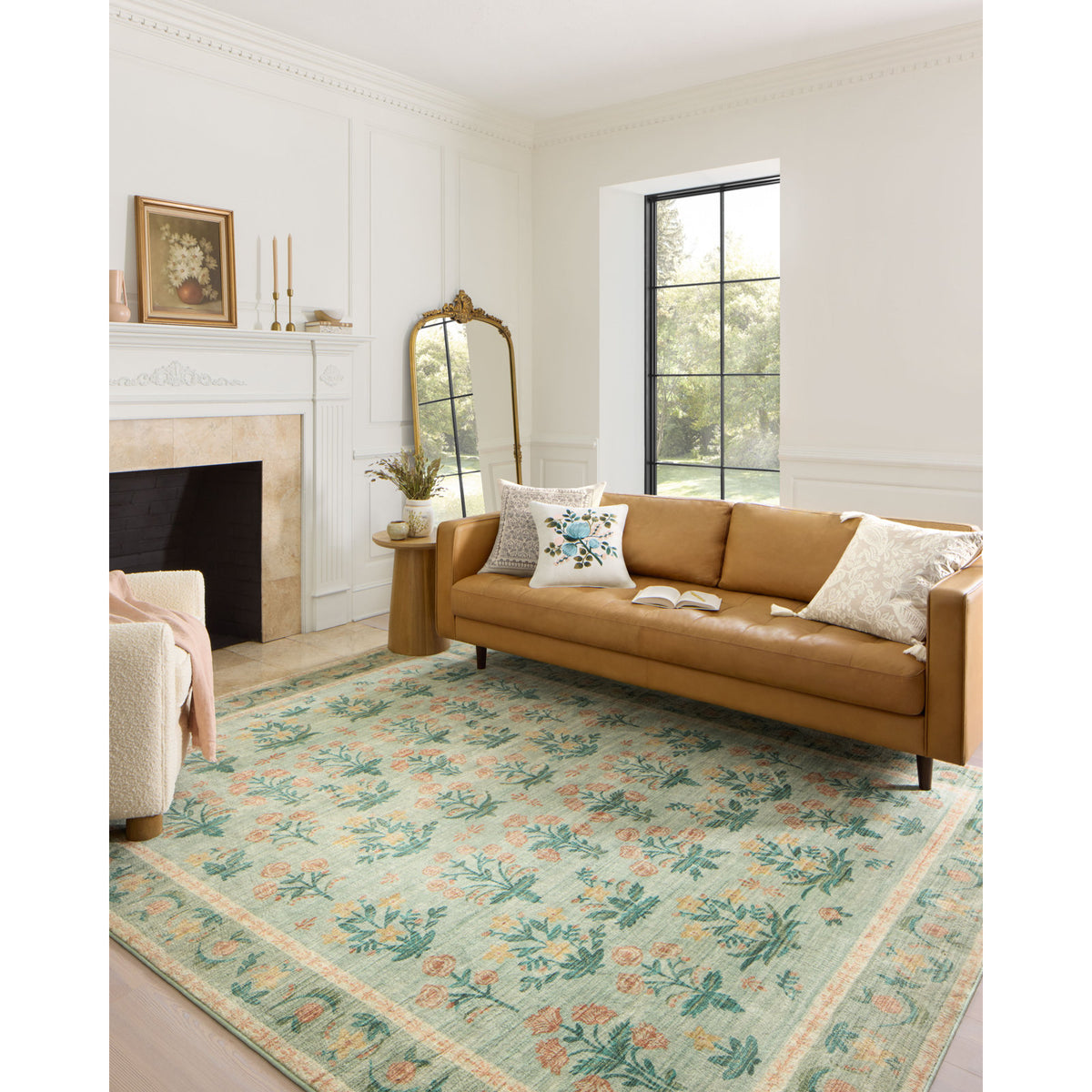 Area Rug 7'6" x 9'6" in Orange, Pink, Green and Beige