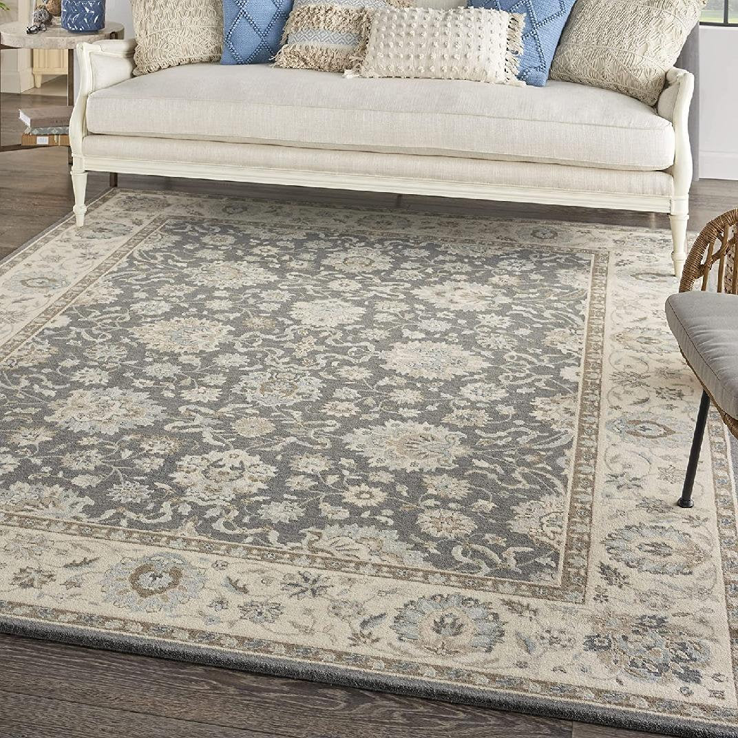 Area Rug, 7'6" x 9'6", Ivory Wool with Floral Border