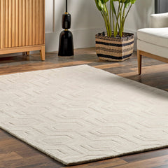 Area Rug, 7'6" x 9'6", Off-White Hand-Woven Wool with Geometric Pattern