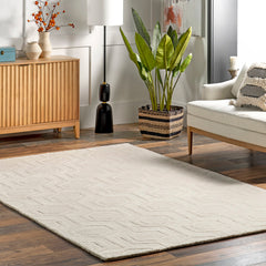 Area Rug, 7'6" x 9'6", Off-White Hand-Woven Wool with Geometric Pattern