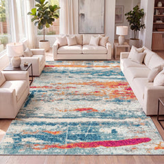 Area Rug, 7'9" x 10', Cream and Blue Abstract Polypropylene