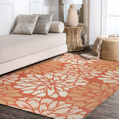 Area Rug, 7'9" x 10', Orange and Cream with Floral Pattern