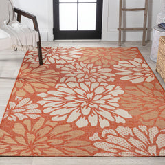 Area Rug, 7'9" x 10', Orange and Cream with Floral Pattern