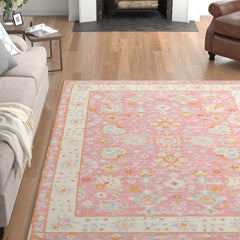 Area Rug, 7'9" x 9'10", Floral Wool and Nylon in Pink, Blue and Brown