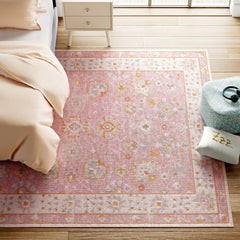 Area Rug, 7'9" x 9'10", Floral Wool and Nylon in Pink, Blue and Brown