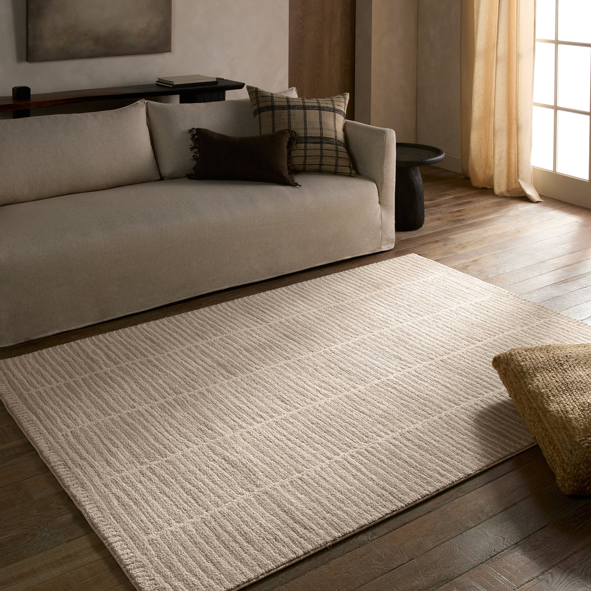 Area Rug, 7'9" x 9'9" with Beige Striped Polyester